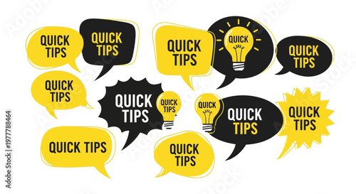 Quick Tips Speech Bubbles Collection, Lightbulb Idea, Information, Advice, Strategy