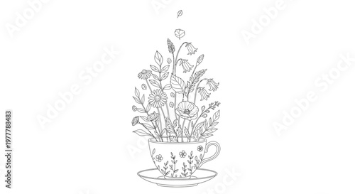 Whimsical Floral Tea Cup Illustration: Blooming Flowers Erupting from a Delicate Teacup