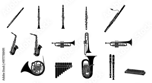 Collection of Musical Instruments Silhouette: Woodwinds and Brass