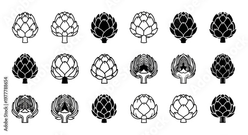 Artichoke Icons Set: Fresh Vegetable Illustrations, Line Art and Silhouette