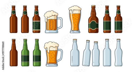 Collection of Beer Bottles and Mugs, Refreshing Drinks