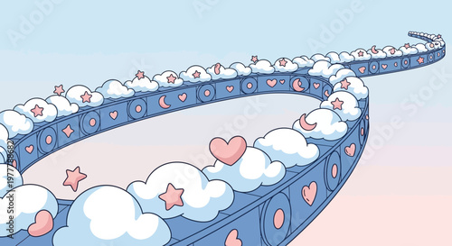 Dreamy Sky Path with Clouds and Stars, Whimsical Journey Illustration