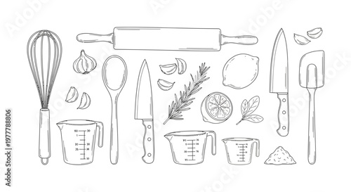 Hand-drawn Baking Utensils and Ingredients Sketch - Kitchenware and Food Elements