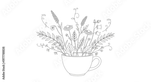 Hand-drawn floral bouquet in a teacup, delicate line art, botanical illustration