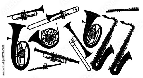 Musical Instruments Silhouette Collection: Brass and Woodwind Orchestra Instruments