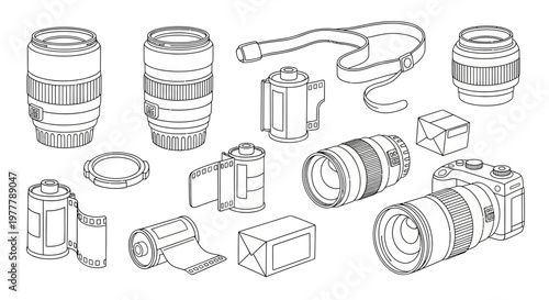 Vintage Photography Equipment Collection: Cameras, Lenses, Film Rolls, and Strap