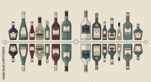 Diverse collection of glass bottles arranged in a decorative pattern