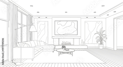 Modern Living Room Sketch with Fireplace, Sectional Sofa, and Large Windows