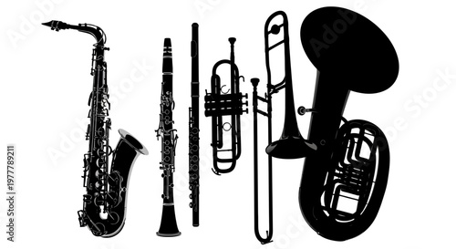 Silhouette of Brass and Woodwind Instruments: Saxophone, Clarinet, Trumpet, Trombone, Tuba