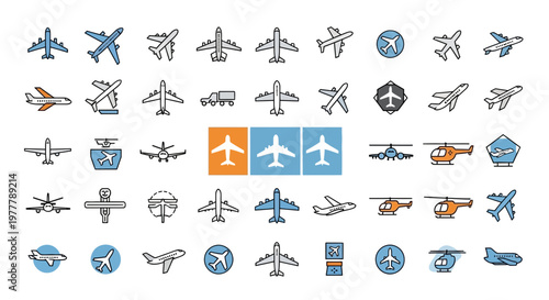 Airplane Icons Collection: Various Aircraft Types and Aviation Symbols