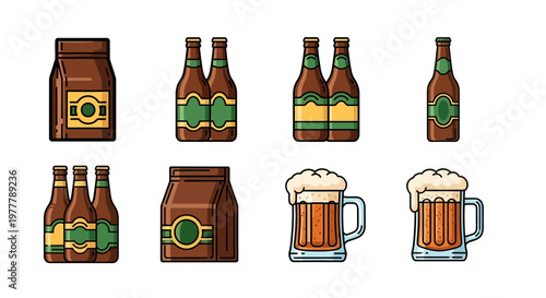 Beer bottles, packaging, and mugs with foam, isolated on white background