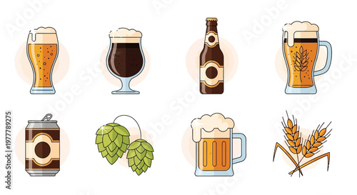 Beer Variety: Glasses, Bottle, Can, Hops, Wheat Ears - Flat Design Icons