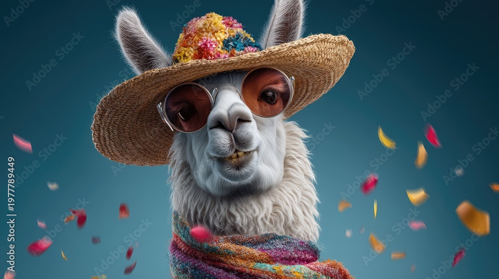 Obraz premium Playful Llama in Straw Hat and Sunglasses Surrounded by Colorful Confetti, Captivating Portrait of a Festive and Cheerful Animal on Blue Background