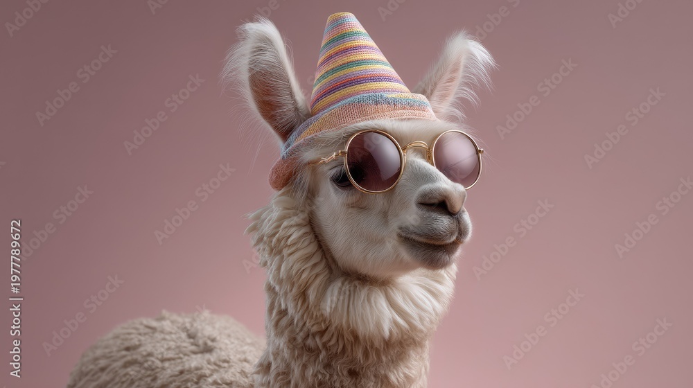 Naklejka premium Playful llama wearing colorful party hat and stylish sunglasses against a soft pink background, bringing joy and fun to any festive occasion.