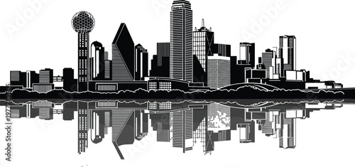 A striking black and white silhouette depicts the dallas skyline with its iconic reunion tower and buildings high quality professional detailed