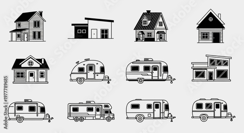 Set of House and Caravan Icons: Modern and Classic Designs