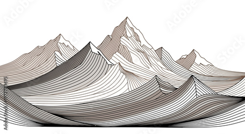 Stylized Mountain Range Landscape Line Art Illustration