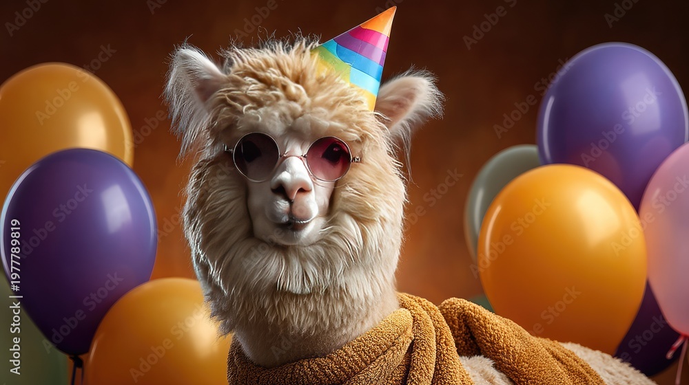 Fototapeta premium Playful Alpaca Celebrating Birthday with Colorful Balloons and Party Hat, Exuding Cheerful and Festive Vibes in a Fun Party Atmosphere