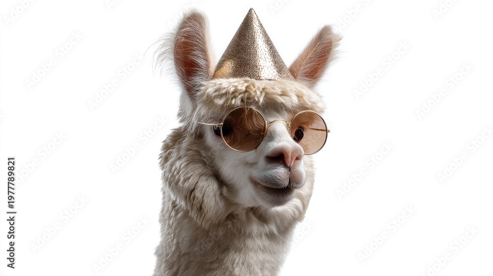 Obraz premium Cheerful llama wearing a party hat and sunglasses with a playful expression, perfect for festive and whimsical themes in photography and design