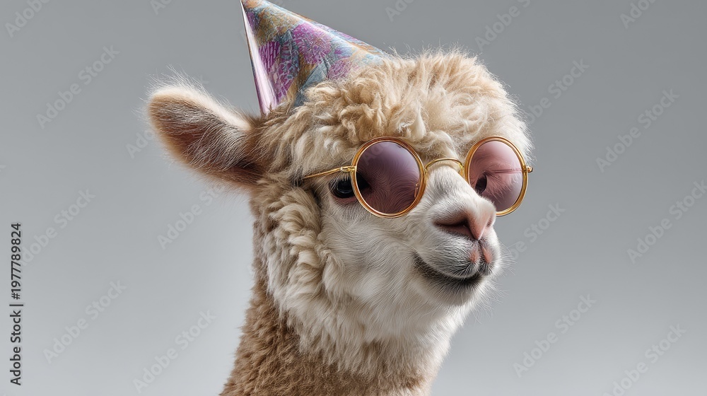 Obraz premium Cheerful llama wearing party hat and stylish sunglasses exuding a fun and festive vibe perfect for celebrations and joyful occasions in playful atmosphere