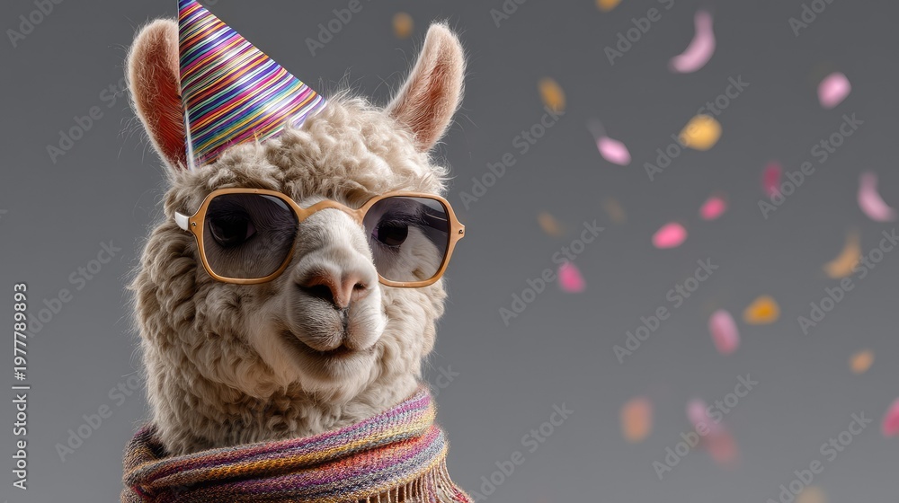 Obraz premium Fun and Cheerful Alpaca Wearing Party Hat and Sunglasses Surrounded by Colorful Confetti, Celebrating a Special Occasion with a Stylish Flair