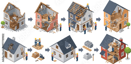 Set of House Renovation and Construction Process Illustrations Featuring Repair, Remodeling, Roofing, and Home Improvement Workflow Stages