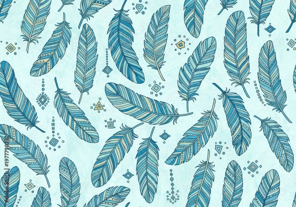 Fototapeta premium Decorative patterned feathers are arranged in a seamless repeat across a textured light blue background.