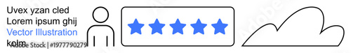 Customer feedback, cloud computing, user satisfaction, online reviews, digital storage, service reliability. Minimalist design with person icon, five-star rating and cloud shape. Customer feedback