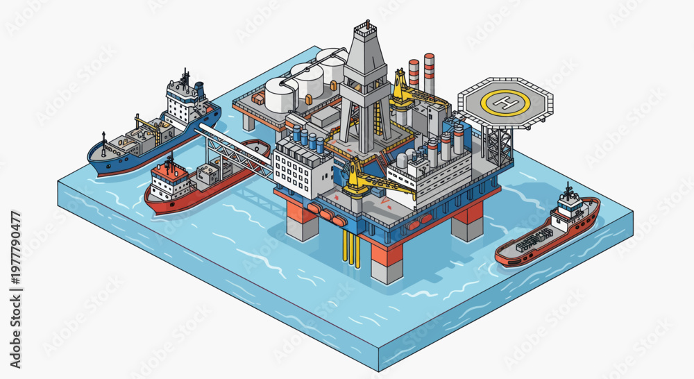 Obraz premium Offshore Oil Rig Platform with Supply Ships Isometric Illustration.