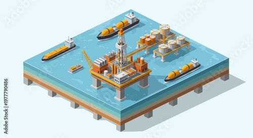 Offshore oil rig platform with support ships and industrial complex.