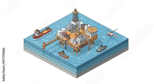 Offshore oil rig with support vessels and helicopter in isometric view.