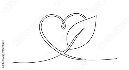 Continuous line drawing of a heart intertwined with a leaf
