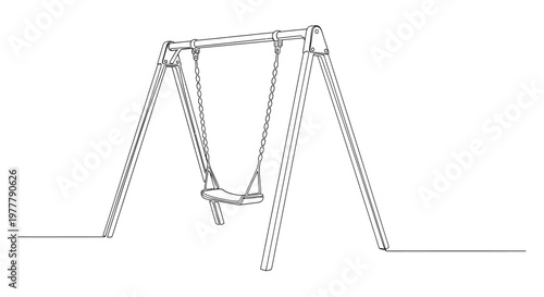A simple line drawing of a swing set with a single seat suspended by chains
