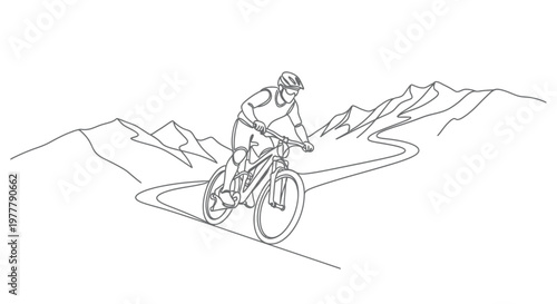 Single line drawing of person on mountain bike on winding path