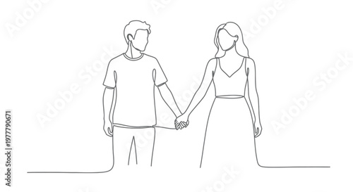 Minimalist line art of a couple holding hands, dressed casually and formally
