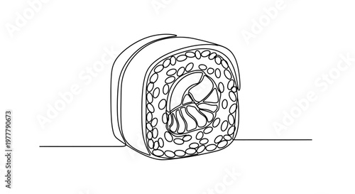One continuous line drawing of a single sushi roll on a white background