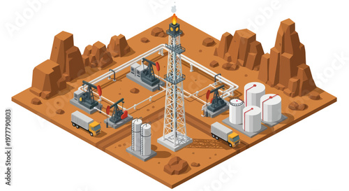 Oil drilling rig and pumps in an industrial landscape.