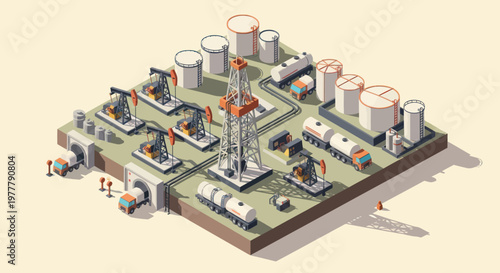 Oil drilling rig and pump jacks at an industrial facility.