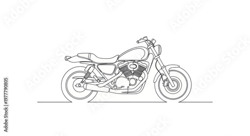 A minimalist black and white line drawing of a classic motorcycle