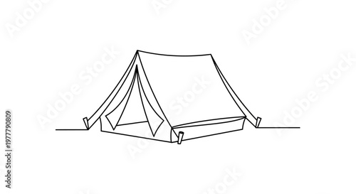 Minimalist line drawing of a canvas tent pitched on flat ground