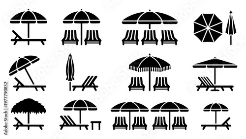 Beach Umbrella and Sun Lounger Silhouettes Bold Travel Resort Icon Set