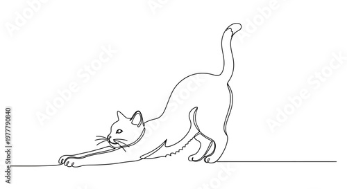 One continuous line drawing of a cat stretching its body and raising its tail