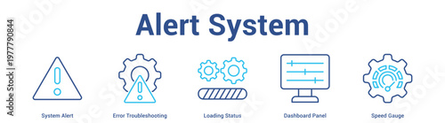 Alert System web banner icon set vector illustration concept for business with icon of System Alert, Error Troubleshooting, Loading Status, Dashboard Pan.