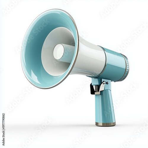 A teal and white megaphone on a white background, perfect for communication and public speaking