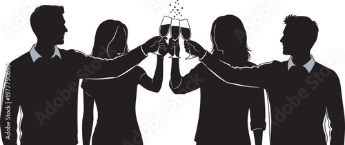 Celebration silhouette with champagne glasses toast, festive party moment, unity gathering concept, elegant social occasion artwork, flat vector illustration