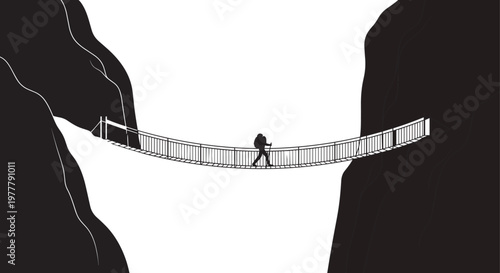 Hiker crossing suspension bridge silhouette, adventure trekking posture, mountain exploration concept, outdoor travel challenge design, overcoming obstacles artwork, flat vector illustration