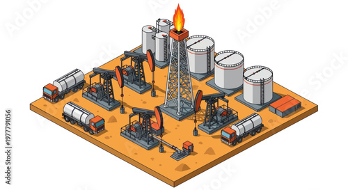 Oil Rig Platform with Pumpjacks and Storage Tanks.