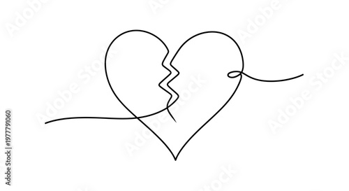 Broken heart illustrated with a single continuous black line on white