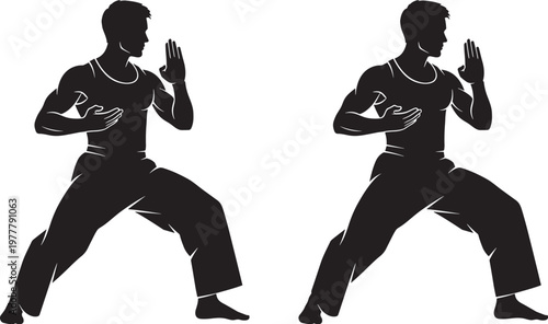 Martial arts silhouette defensive stance, combat training posture, discipline balance concept, fighting practice illustration, strength focus design, flat vector illustration