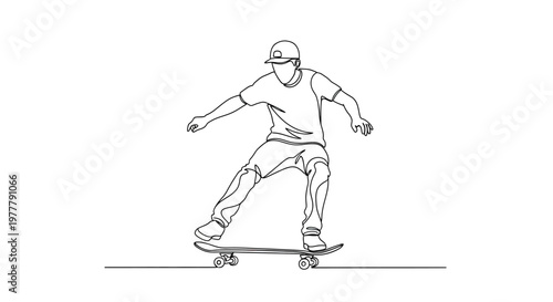 A continuous line drawing of a person on a skateboard
